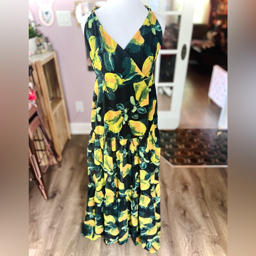 L'ATISTE Black and Yellow Pear Print Maxi Dress